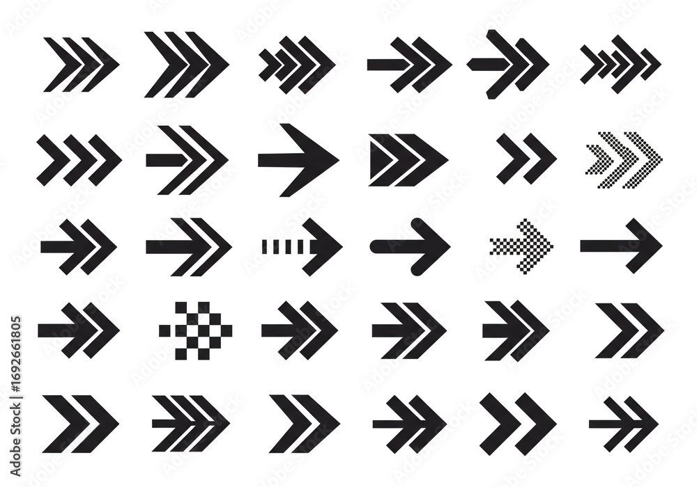Poster dynamic collection of diverse arrow icons guiding direction and progress forward
