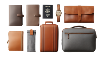 Travel Luggage and Accessories: A flat lay of travel luggage and accessories like a passport holder, luggage tag, and travel pouch, isolated on a Transparent background, PNG file.