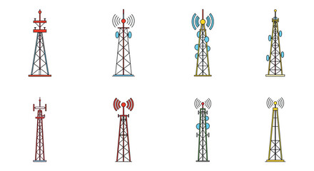 various communication towers with antennas and satellite dishes