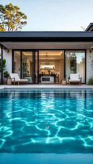Swimming pool in front of modern house with patio and outdoor furniture