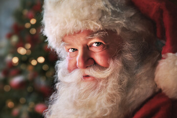 Close up of a festive figure with a white beard and red suit, bathed in warm holiday lights. This portrait evokes nostalgia, kindness, and a cozy, magical seasonal mood.
