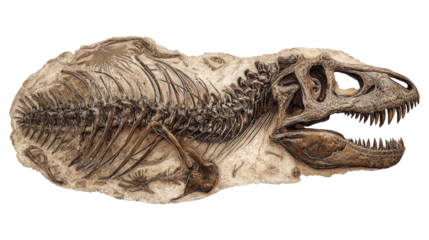 Tyrannosaurus Rex Dinosaur: A flat lay of a Tyrannosaurus rex dinosaur fossil with detailed textures, isolated on a Transparent background, PNG file.