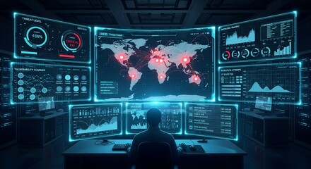 Cybersecurity Analyst Monitoring Global Threats in a High Tech Command Center.