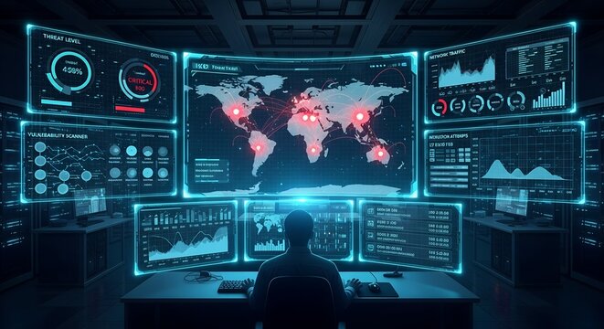 Cybersecurity Analyst Monitoring Global Threats in a High Tech Command Center.