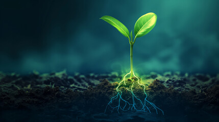 Seedling with glowing blue roots. Futuristic eco growth concept.