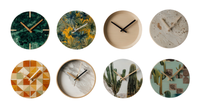 Unique Wall Clocks: A flat lay of unique wall clocks with creative designs, isolated on a Transparent background, PNG file. - Powered by Adobe