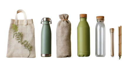 Water Bottles and Eco Products: A flat lay of water bottles and eco-friendly products like reusable bags and straws, isolated on a Transparent background, PNG file.