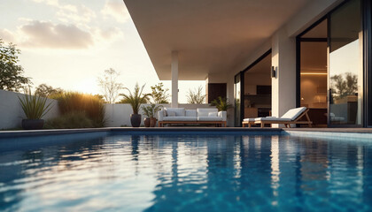 Fototapeta premium Swimming pool in front of modern house with patio and outdoor furniture