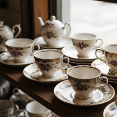 Elegant Antique Porcelain Tea Set Displayed on a Shelf.