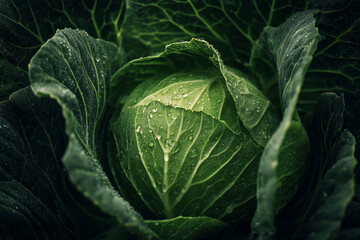 Fototapeta premium Close up of a fresh green cabbage head surrounded by leaves, glistening with dew. Macro shot highlights intricate veining and natural texture of vegetables.