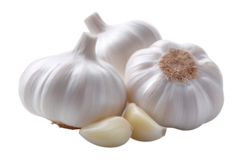 Fresh Garlic Bulbs: A close-up shot showcases three pristine, whole garlic bulbs alongside individual cloves, highlighting the natural textures and freshness of this culinary staple.