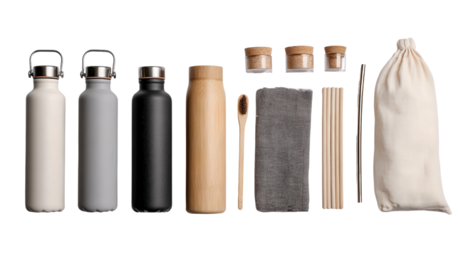 Water Bottles and Eco Products: A flat lay of water bottles and eco-friendly products like reusable bags and straws, isolated on a Transparent background, PNG file.