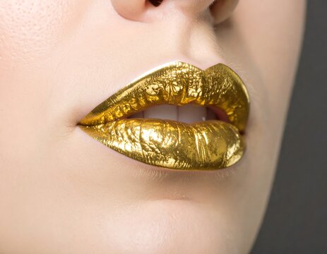 Close-up of woman's lips with gold makeup