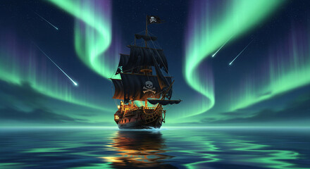 A fantasy pirate ship sailing on a calm sea under the aurora borealis and shooting stars