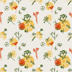Flowers floral Ink drawn vector seamless repeat pattern in expressive freeform style. Botanical 