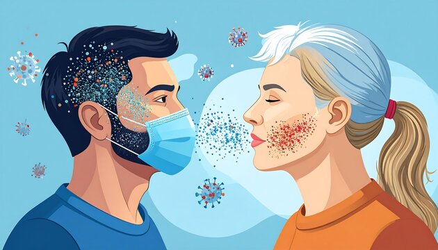Illustration of people wearing masks, social distancing, and virus transmission