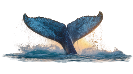 Whale Tail Splashing: A flat lay of a whale tail splashing in the ocean, isolated on a Transparent background, PNG file.