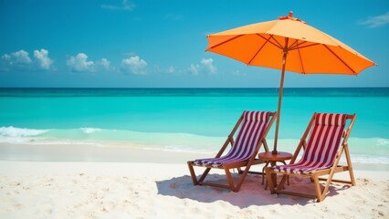 Beach Chairs and Umbrella on Pristine White Sand with Turquoise Ocean View HDR