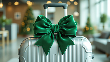 Travel suitcase gift concept in realistic style, silver and emerald green tones, representing holiday travel, gifting and departure inspiration with festive bokeh, with copy space for advertising, ret