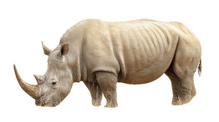 Obraz premium White Rhinoceros in the Wild: A white rhinoceros grazing on the savanna, isolated on a Transparent background, PNG file.