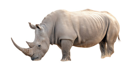 Obraz premium White Rhinoceros in the Wild: A white rhinoceros grazing on the savanna, isolated on a Transparent background, PNG file.