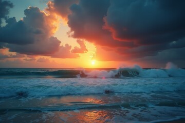 Fototapeta premium Dramatic Storm Clearing Sunset Over Ocean Waves HDR Image