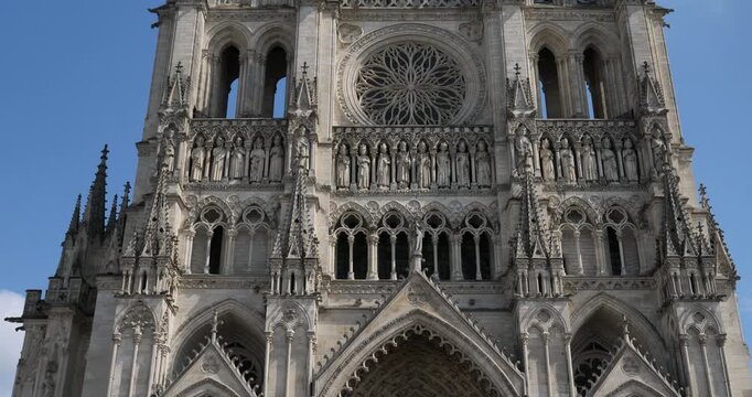West portals and facade of Amiens Cathedral. Amiens, Somme department, France.