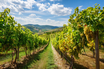 Sunny vineyard rows stretch into rolling hills under a bright blue sky. Lush vines, warm soil, and neat trellises create a peaceful agricultural landscape.