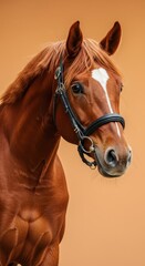 Obraz premium A close-up portrait of a magnificent horse, showcasing its rich chestnut coat, prominent muscles, and attentive expression against a warm orange background.