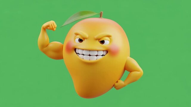 Mango flexes its arms in a playful loop while bouncing slightly during a lively animation