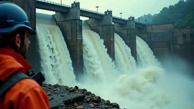 Monitoring the operation of a hydroelectric dam in a remote location at sunset
