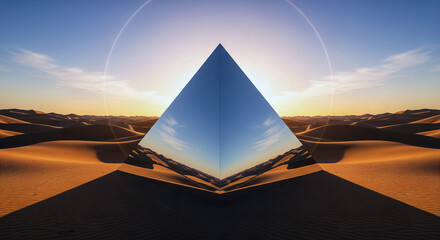 A surreal desert landscape with a large, mirrored pyramid reflecting the sun and sky