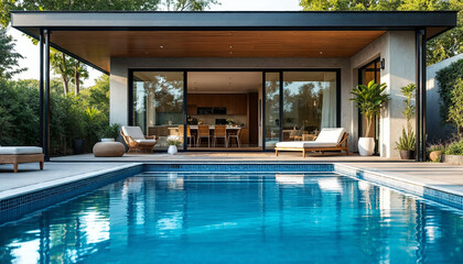 Fototapeta premium Swimming pool in front of modern house with patio and outdoor furniture