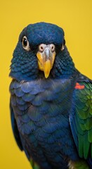 Fototapeta premium Close-up of a vibrantly colored parrot, showcasing intricate plumage details against a bright yellow backdrop.