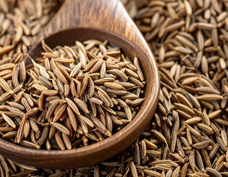 Close-up of wooden spoon filled with cumin seeds