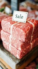 Three stacks of meat with a sign that says "Sale" on it