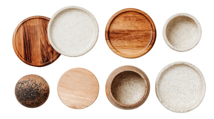 Wooden Coasters and Tableware: A flat lay of wooden coasters and tableware like plates and bowls, isolated on a Transparent background, PNG file.