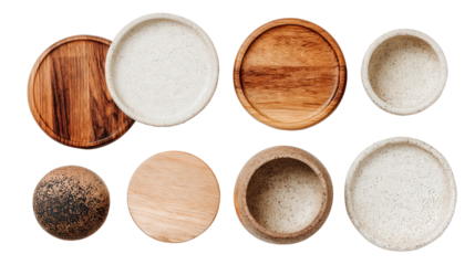 Wooden Coasters and Tableware: A flat lay of wooden coasters and tableware like plates and bowls, isolated on a Transparent background, PNG file.
