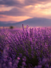 Naklejka premium Serene lavender field bathed in sunset light, purple blooms stretch toward a warm sky, creating a dreamy rural landscape with calm mood and natural charm.
