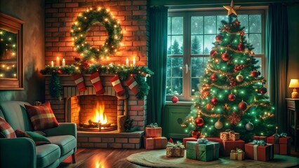 Festive Christmas Living Room Radiating Warmth Fireplace Glow Christmas Tree Elegance Cozy Ambiance