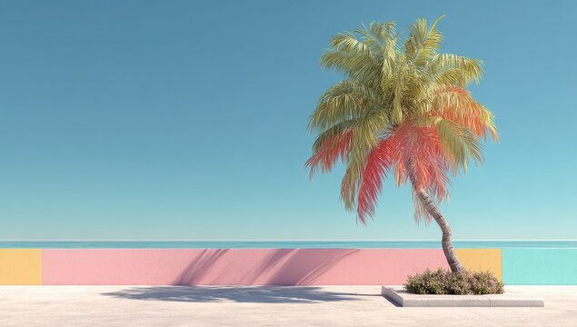 Vibrant palm tree by pastel-colored seaside