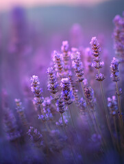 Obraz premium Soft focus lavender field bathed in warm light, rows of purple blooms sway gently, creating a serene, dreamy countryside atmosphere perfect for nature themed campaigns and calm lifestyle imagery.