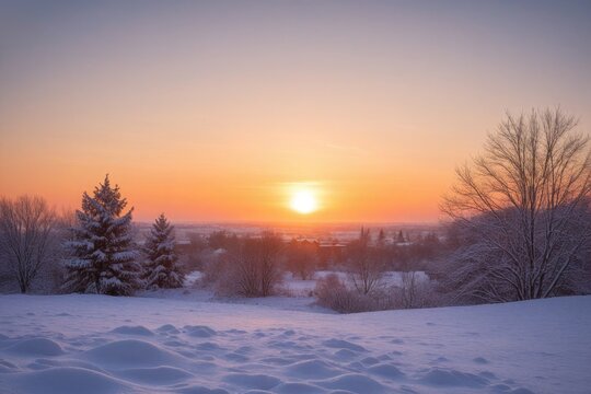 Verschneite Winterlandschaft mit Tannenb&auml;umen bei Sonnenaufgang, rosafarbener Himmel und ruhige, friedliche Morgenstimmung