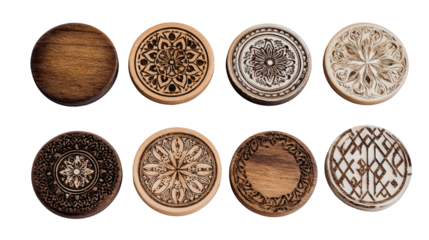 Wooden Coasters with Designs: A flat lay of wooden coasters with unique designs like mandalas and geometric patterns, isolated on a Transparent background, PNG file.