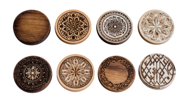 Wooden Coasters with Designs: A flat lay of wooden coasters with unique designs like mandalas and geometric patterns, isolated on a Transparent background, PNG file.