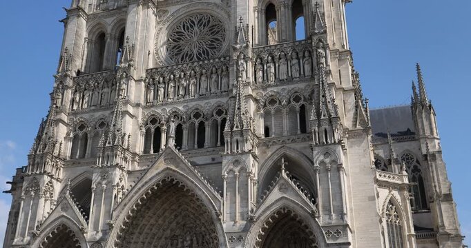 West portals and facade of Amiens Cathedral. Amiens, Somme department, France.