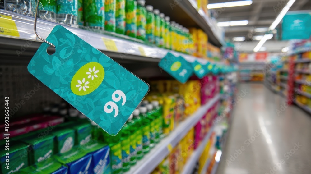 Poster solarpowered digital price tag showing ecofriendly signage on a shop shelf with clear screen details
