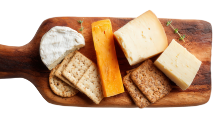 Wooden Cutting Board with Cheese: A flat lay of a wooden cutting board with assorted cheeses and crackers, isolated on a Transparent background, PNG file.