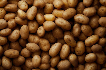 Close up of earthy potatoes piled together, showcasing textured skins and natural tones. This warm, rustic image suits food, harvest, pantry, or farmer market themed projects.