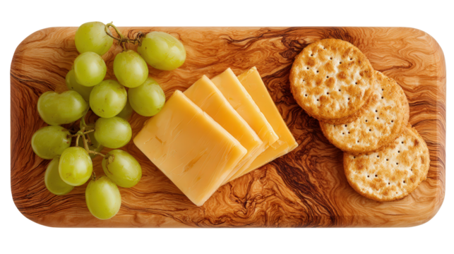 Wooden Cutting Board with Cheese: A flat lay of a wooden cutting board with cheese slices, crackers, and grapes, isolated on a Transparent background, PNG file. - Powered by Adobe